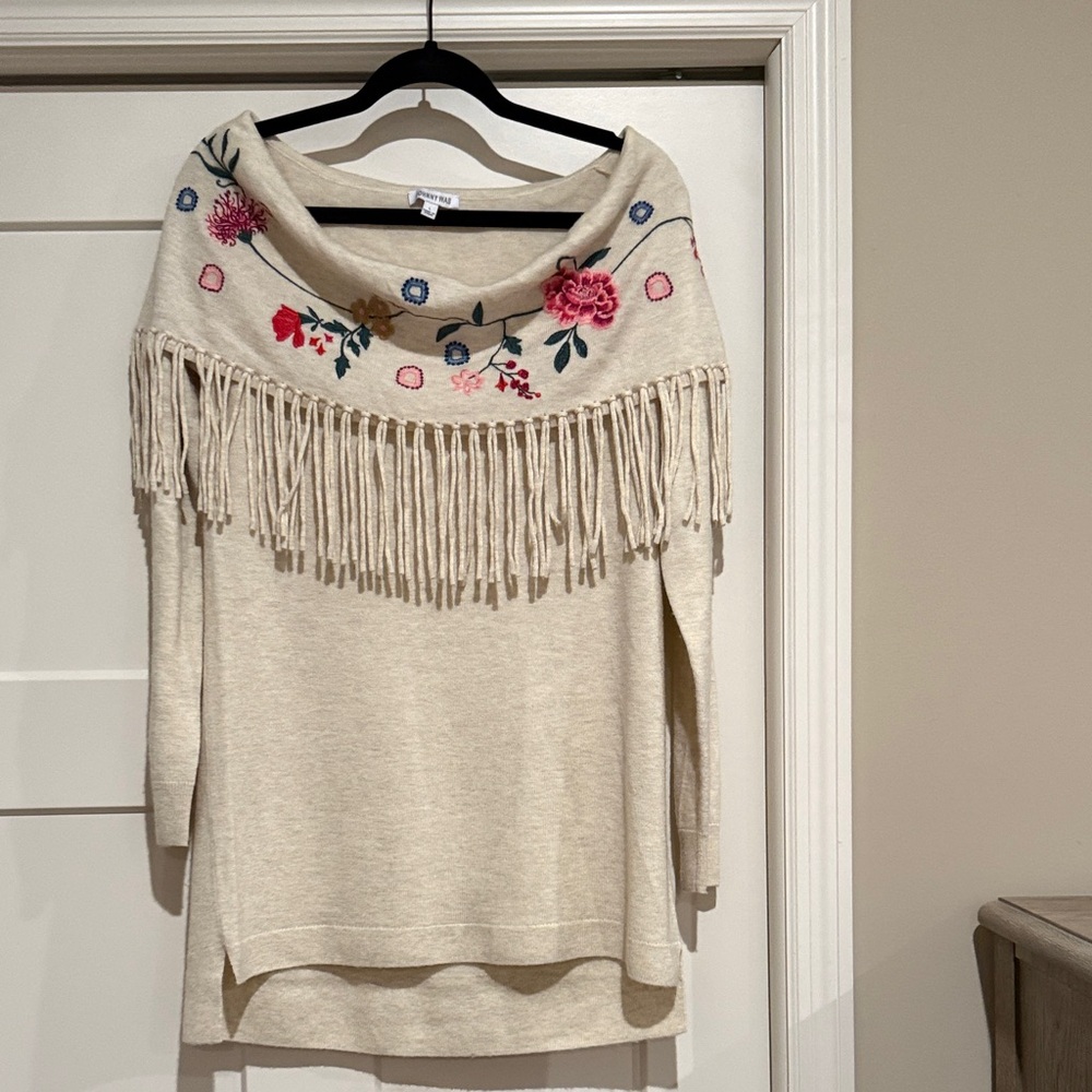 Johnny Was Cream Floral Embroidered Off-the-Shoulder Sweater